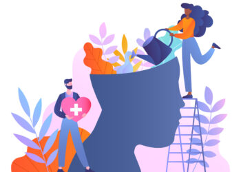 Mental health concept. Man with heart in hands and woman with watering can near abstract silhouette of head with plants.