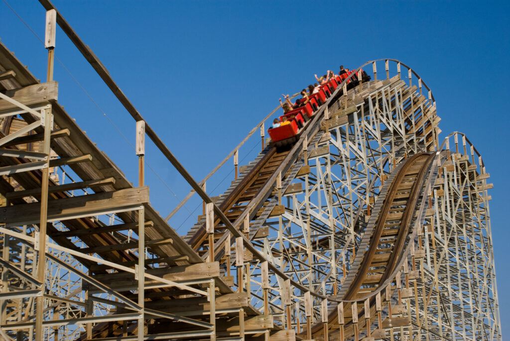 Old wooden rollercoaster at an amusement park