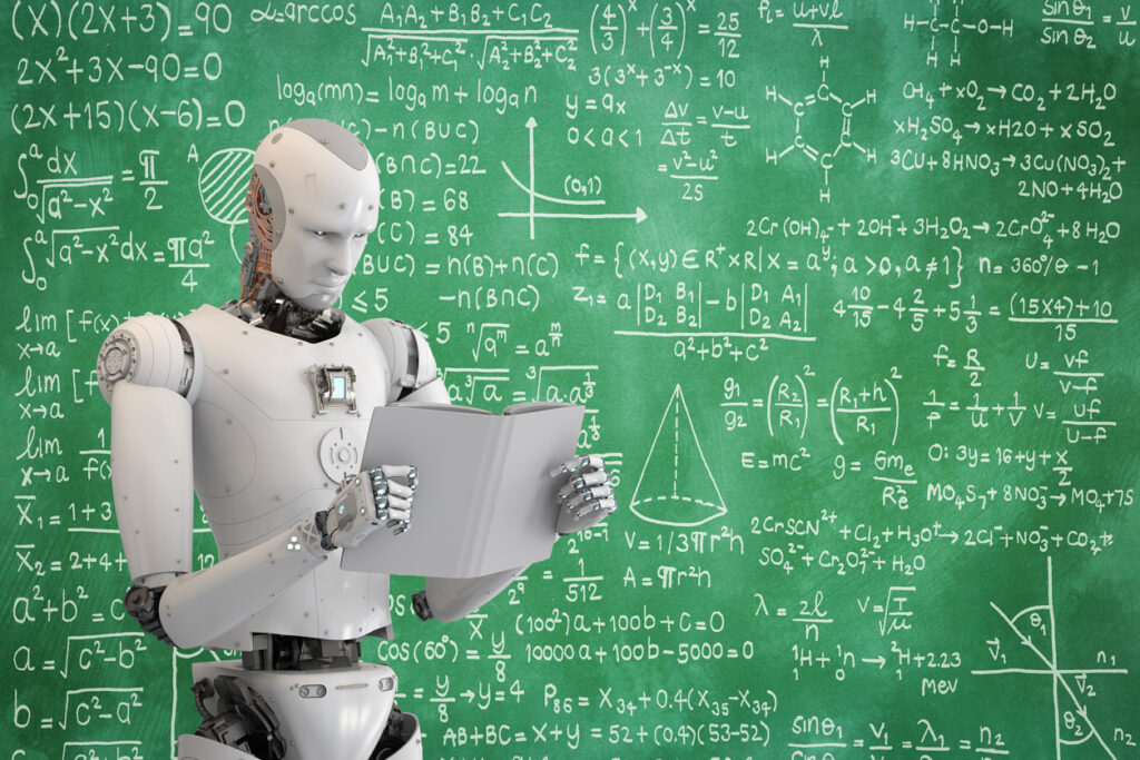 3d rendering humanoid robot reading a book in front of a chalkboard covered in mathematical equations and symbols