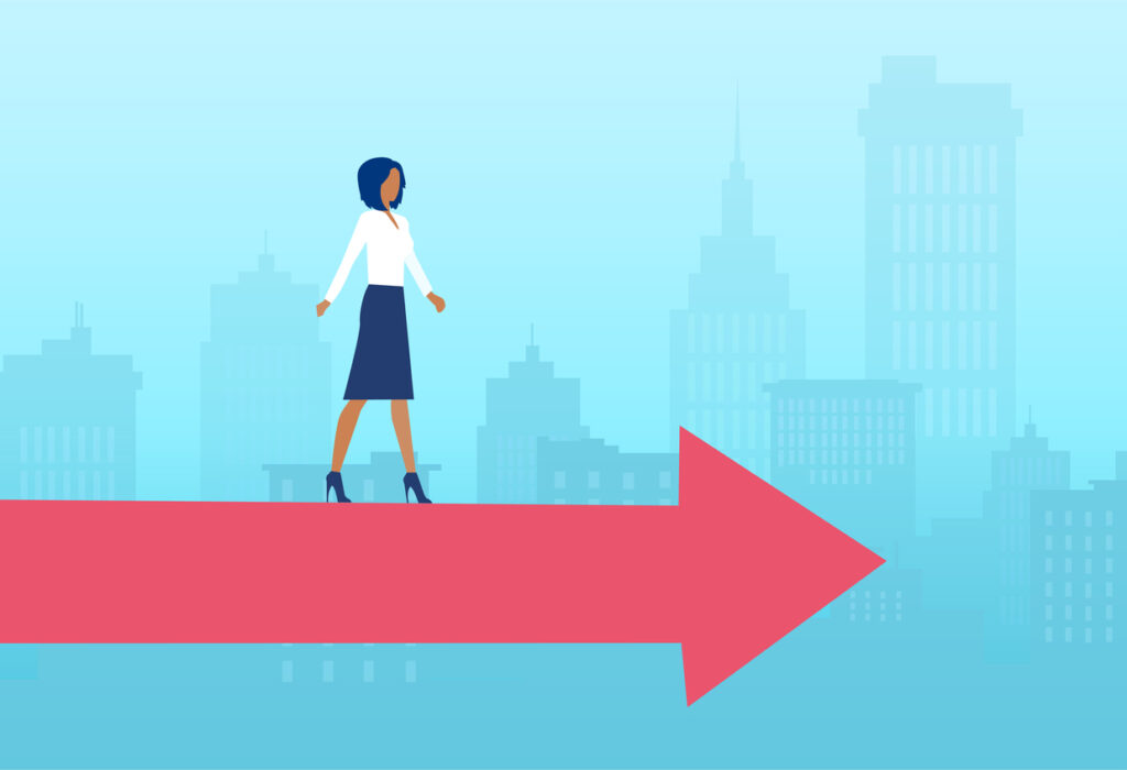 Illustration of a businesswoman walking on a red arrow on a city scape background