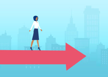Illustration of a businesswoman walking on a red arrow on a city scape background