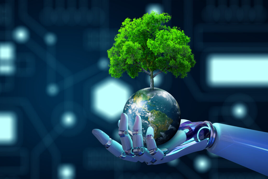 Robot hand holding Tree on Earth with technological convergence blue background.