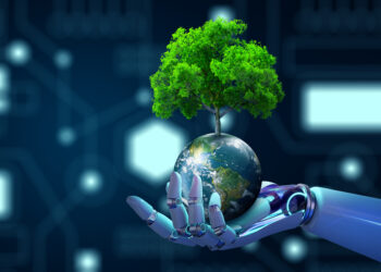 Robot hand holding Tree on Earth with technological convergence blue background.