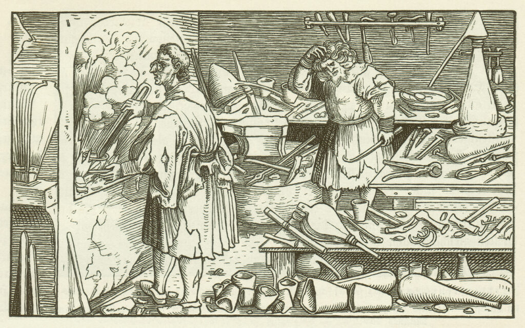 Alchemists in a laboratory. Woodcut engraving after an original by Hans Schäufelin 