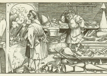 Alchemists in a laboratory. Woodcut engraving after an original by Hans Schäufelin