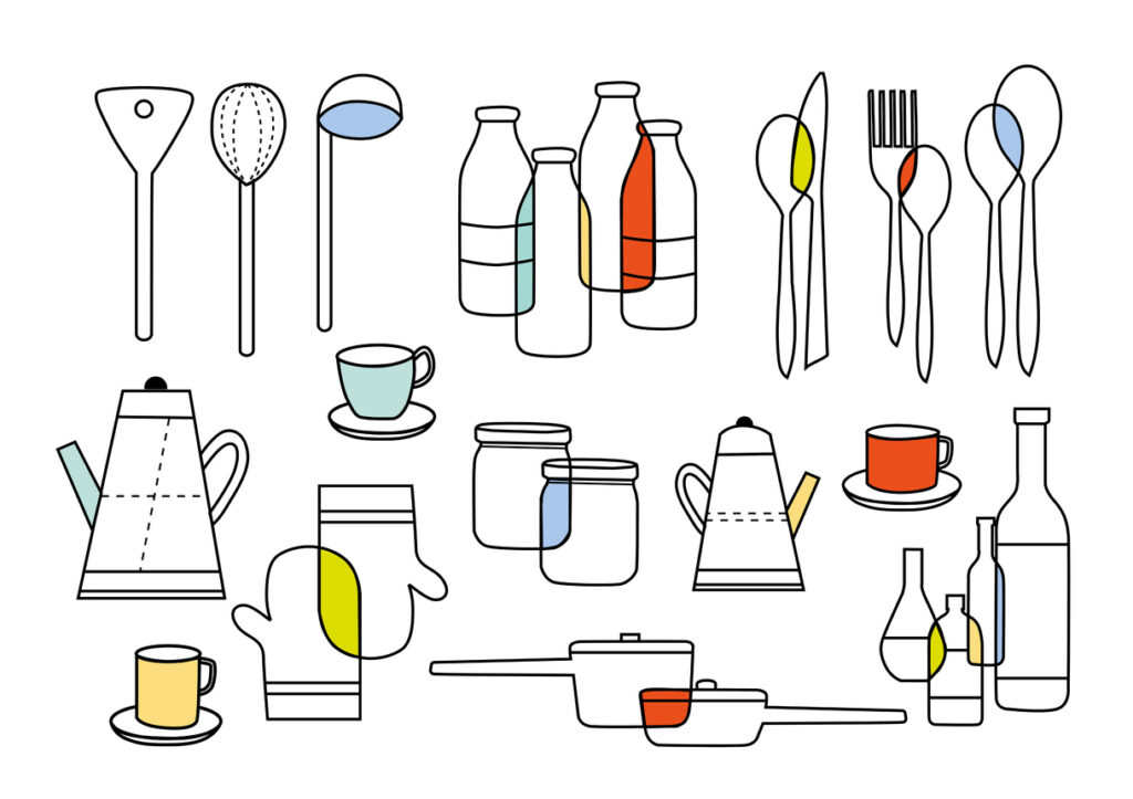 line drawings of various cooking and eating equipment