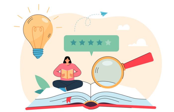 drawing of a person sitting on a large book, reading and reviewing it