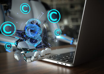 3D illustration of a robot working at a laptop surrounded by copyright symbols