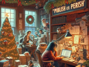 AI generated image of a student working hard at a desk amidst a family holiday celebration