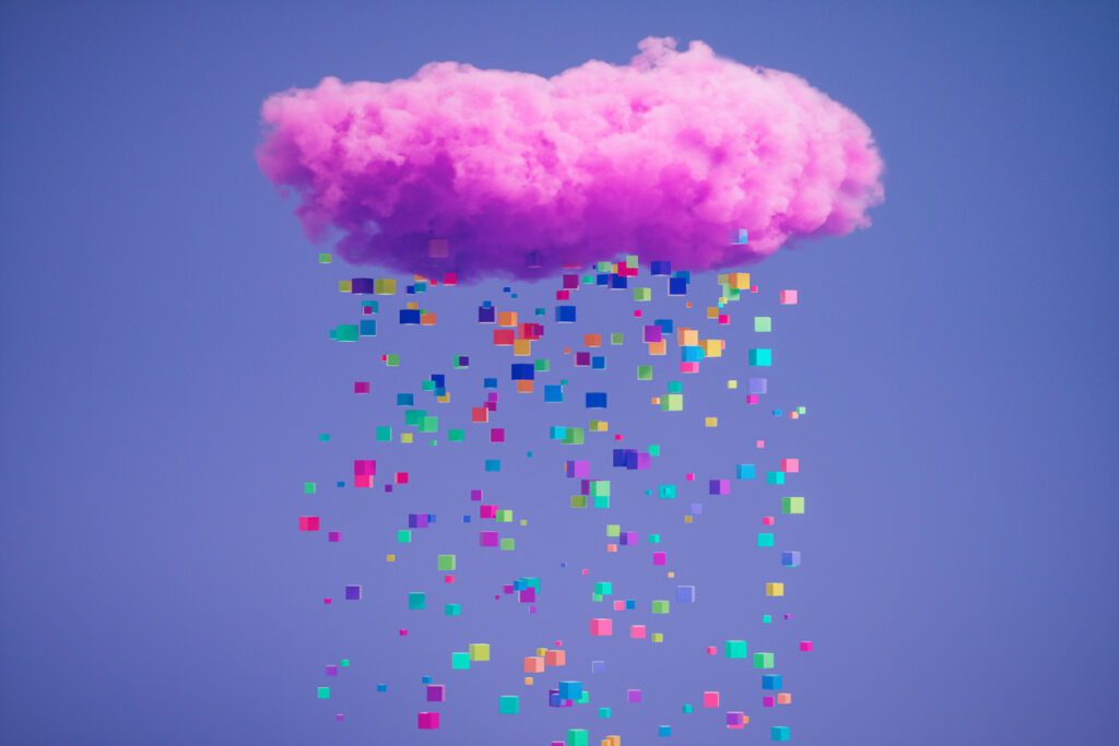 Vibrant abstract image features a pink cloud floating in a dreamy purple sky, with colorful small cubes falling like raindrops from the cloud.