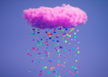 Vibrant abstract image features a pink cloud floating in a dreamy purple sky, with colorful small cubes falling like raindrops from the cloud.
