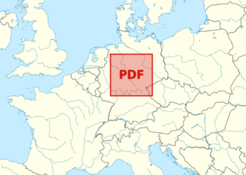Illustration of a PDF about half the size of Germany superimposed onto a map of Europe