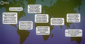 world map with different types of English noted in areas where it is spoken