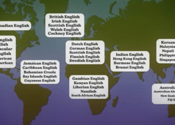world map with different types of English noted in areas where it is spoken