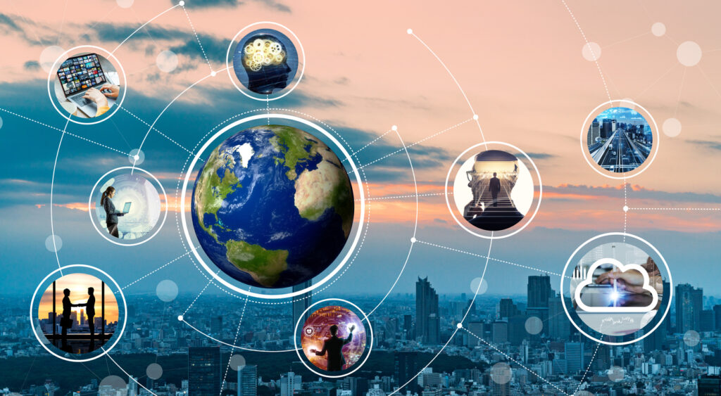 globe superimposed over a photo of a city with a network of various people and activities connected to it