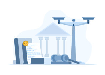 Illustration showing legal document, judge's gavel, scales, and official looking building