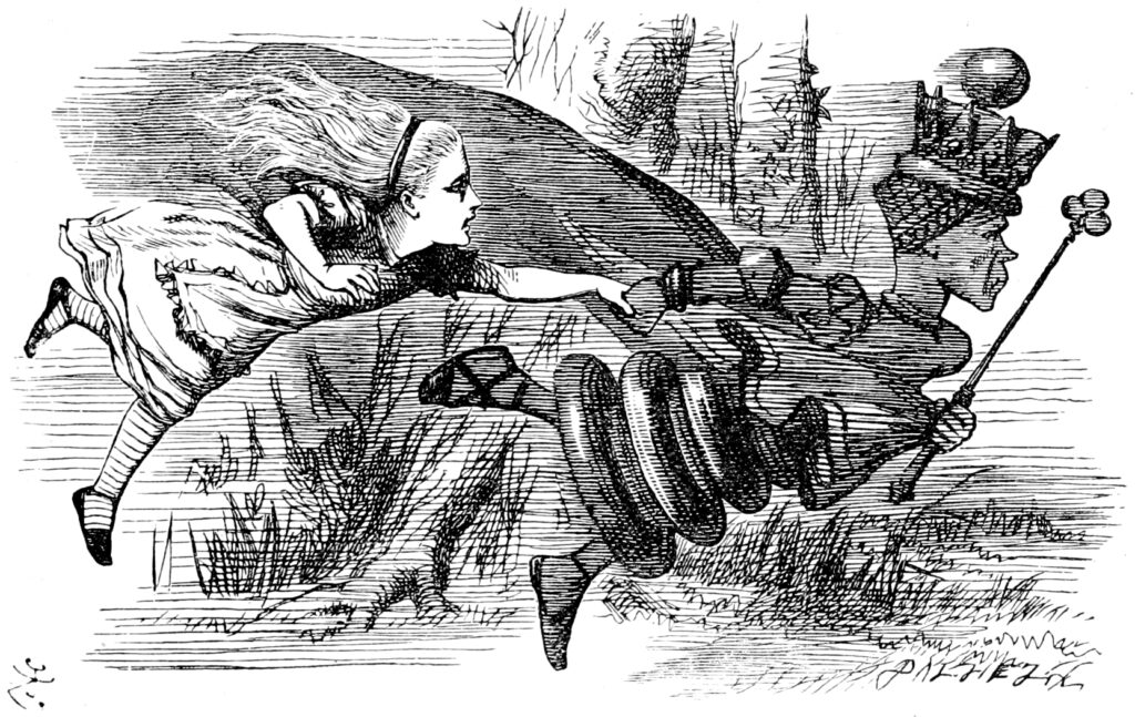 Illustration of the Red Queen's race from Through The Looking Glass