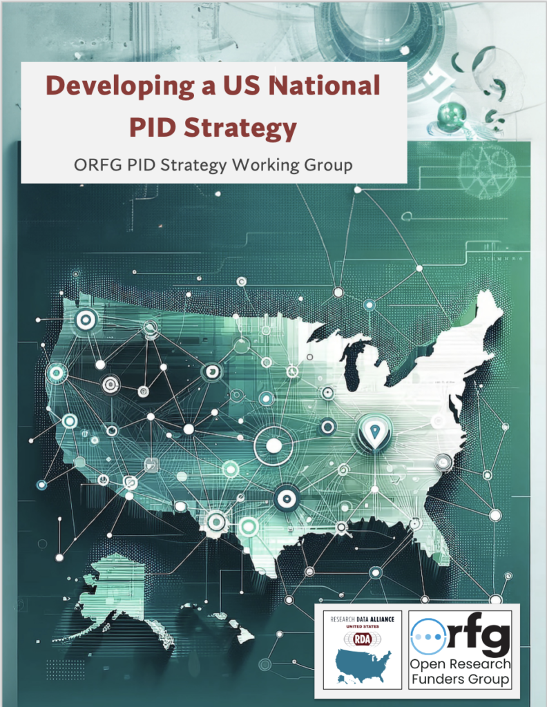 Cover of Developing a US National PID Strategy Cover. It contains a map of the USA with dots representing persistent identifiers connected by lines within the US, but also connecting outside the country.