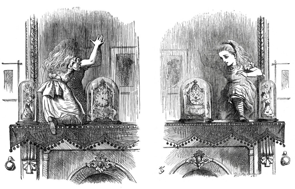 illustration of Alice going through the mirror and coming out the other side