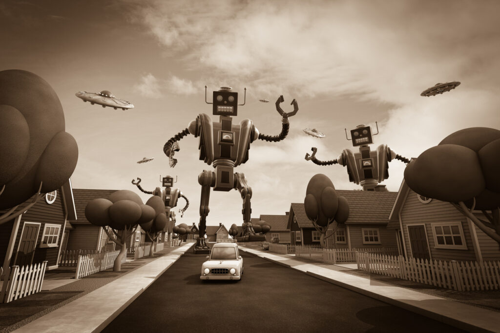 1950s style rendering of a robot invasion