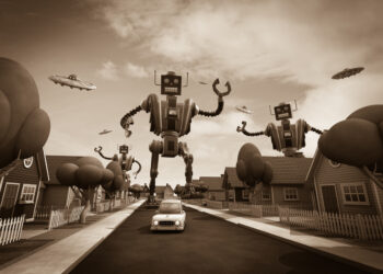 1950s style rendering of a robot invasion