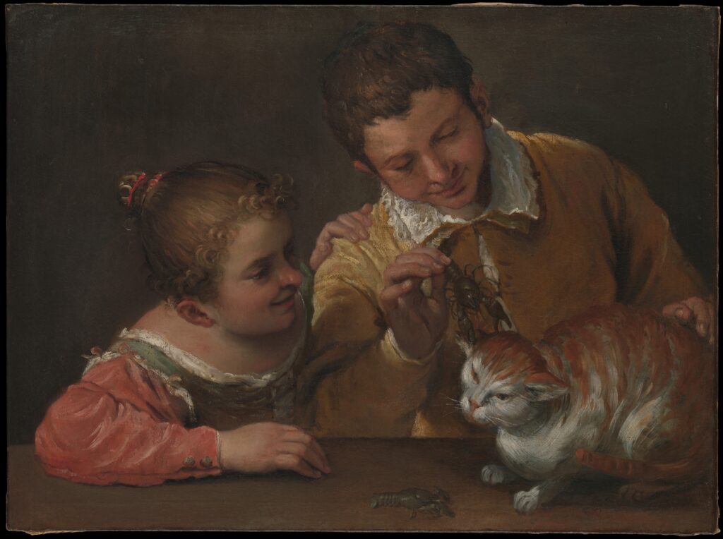 painting of Two Children Teasing a Cat