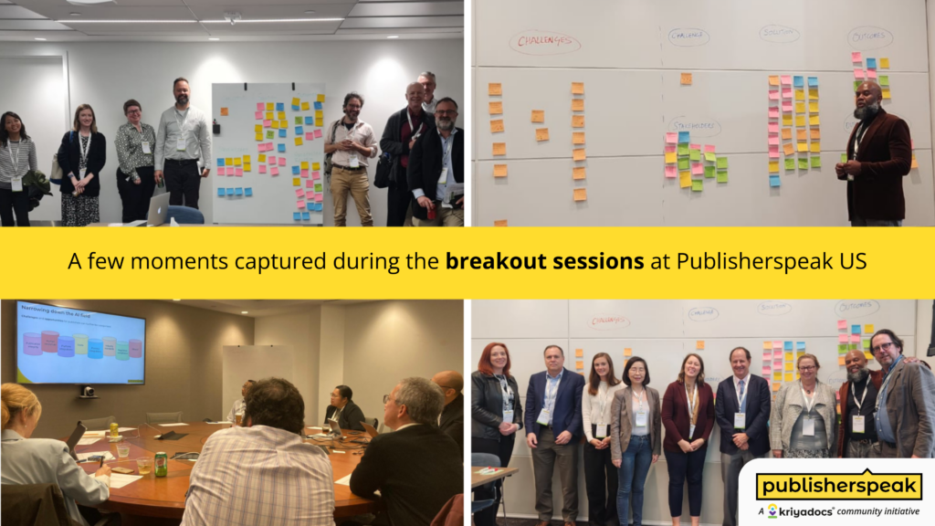 four images of participants and whiteboards from the Publisherspeak meeting