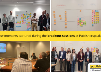 four images of participants and whiteboards from the Publisherspeak meeting
