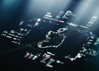 Outline map of Ireland infographics with data charts representing communication, internet and technology
