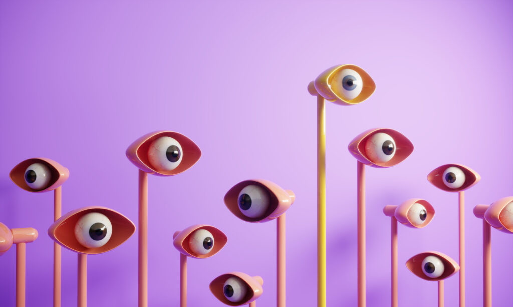 3d rendering of eyes on stalks looking around against a purple background 