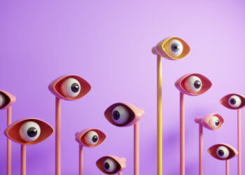 3d rendering of eyes on stalks looking around against a purple background