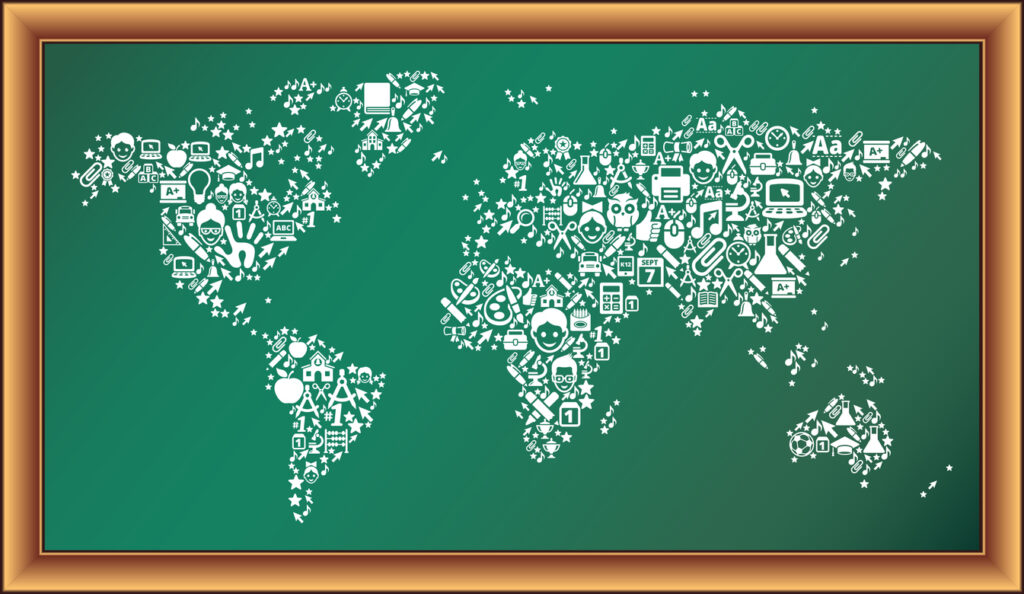 World map with educational icons drawn on a chalkboard. Computer rendering.