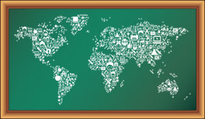 World map with educational icons drawn on a chalkboard. Computer rendering.