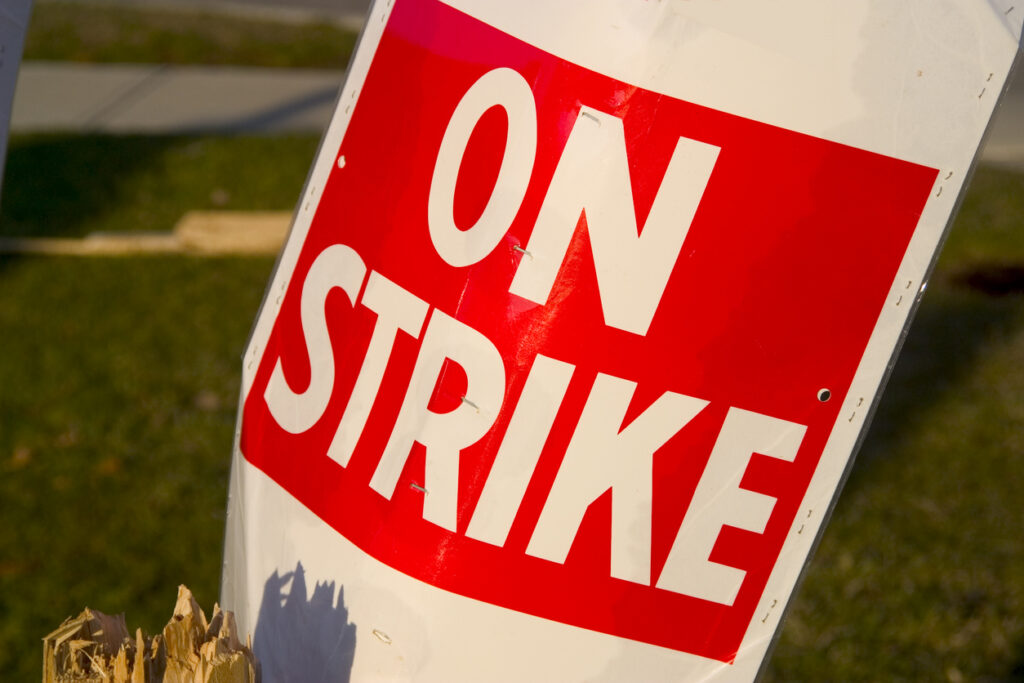 Placard reading "on strike"