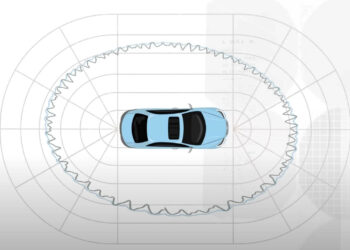 drawing of an overhead view of a car surrounded by sound waves