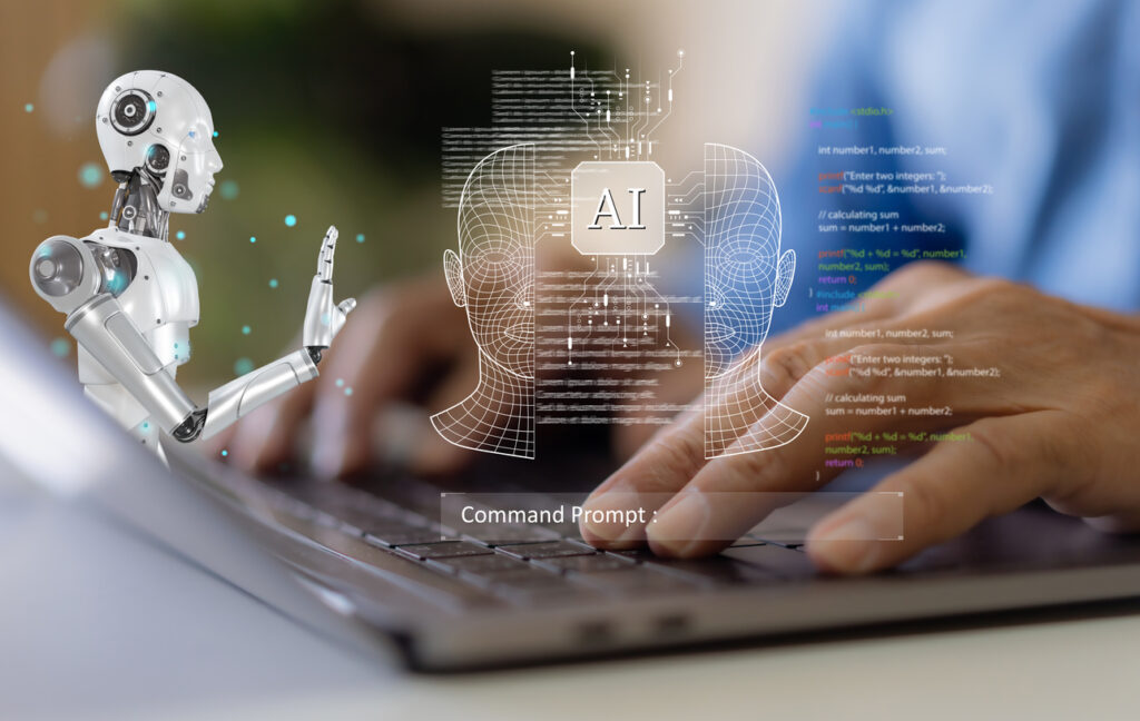 hands typing on computer keyboard, overlaid with AI code and a robot holding up a hand