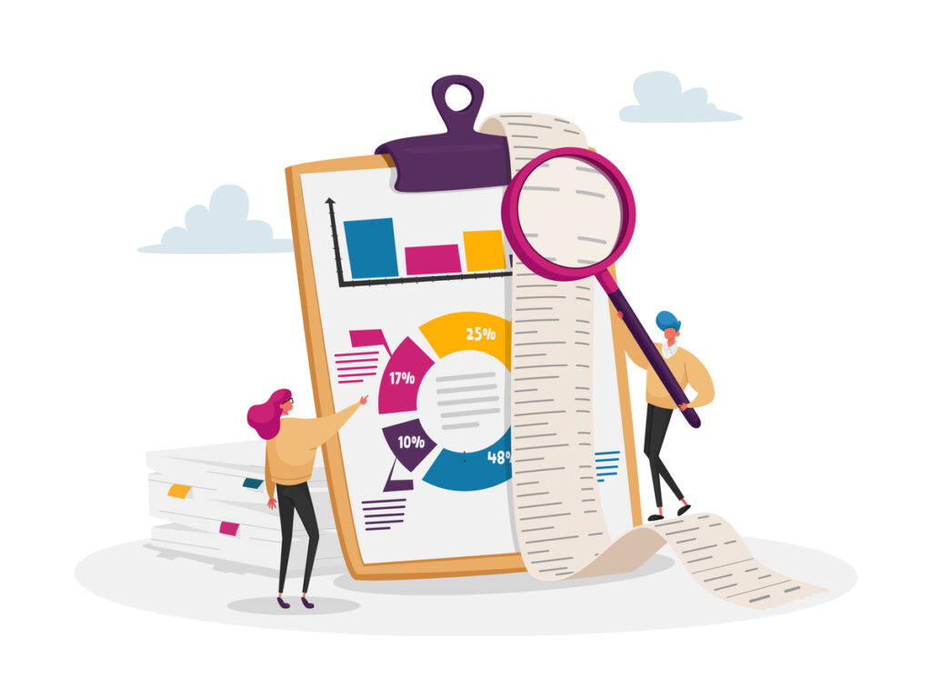 Drawing of small people examining numerical and statistical reports on a giant clipboard