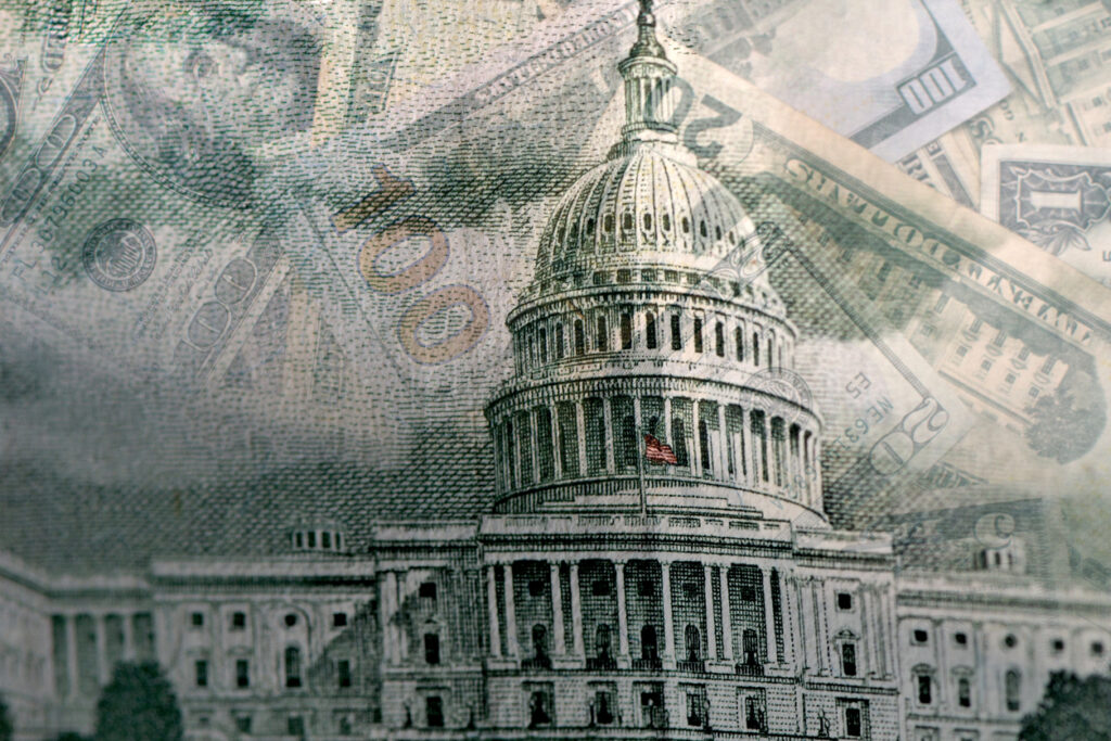 US Capitol building with images of money overlaid