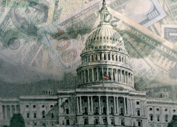 US Capitol building with images of money overlaid