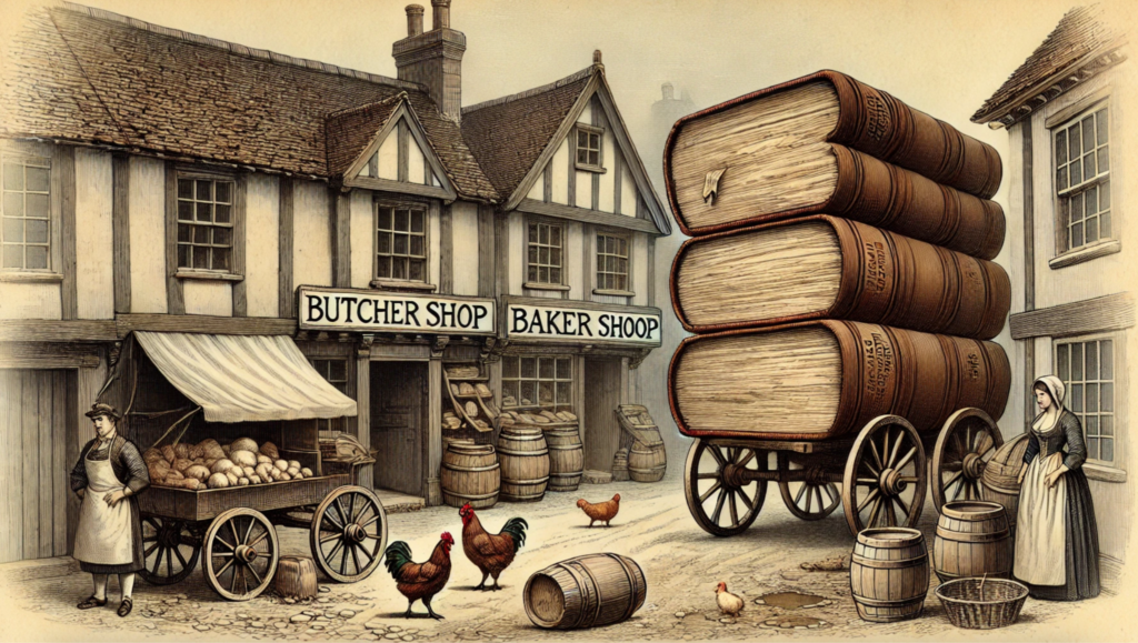 The bookseller pushing a wagon of large volumes down a medieval street-- image made by Heather Staines with Chat GPT DALL-E