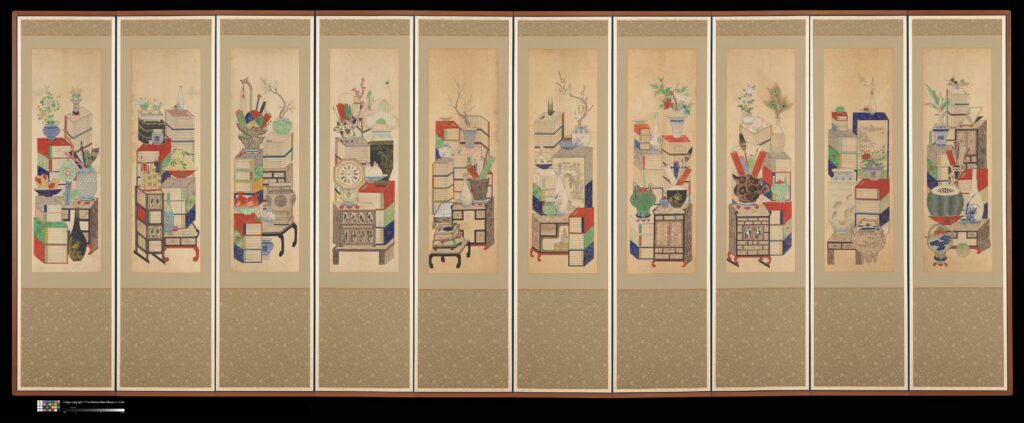 multi-paneled painting of books and scholars