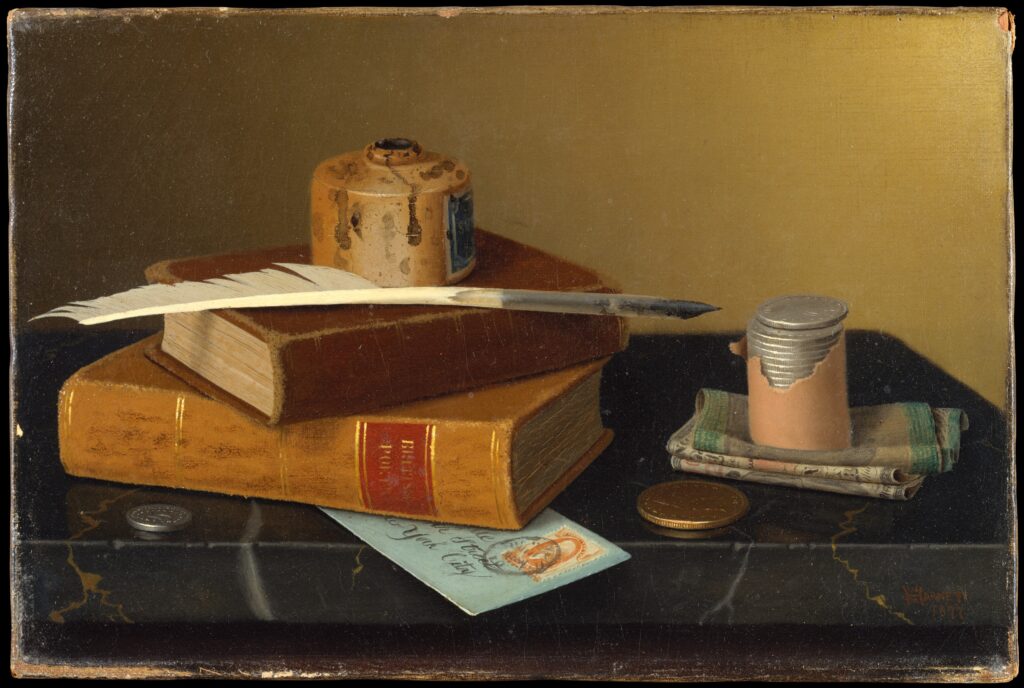 painting of a table top with books, an inkwell, a feather quill, coins and paper money