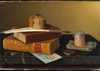 painting of a table top with books, an inkwell, a feather quill, coins and paper money