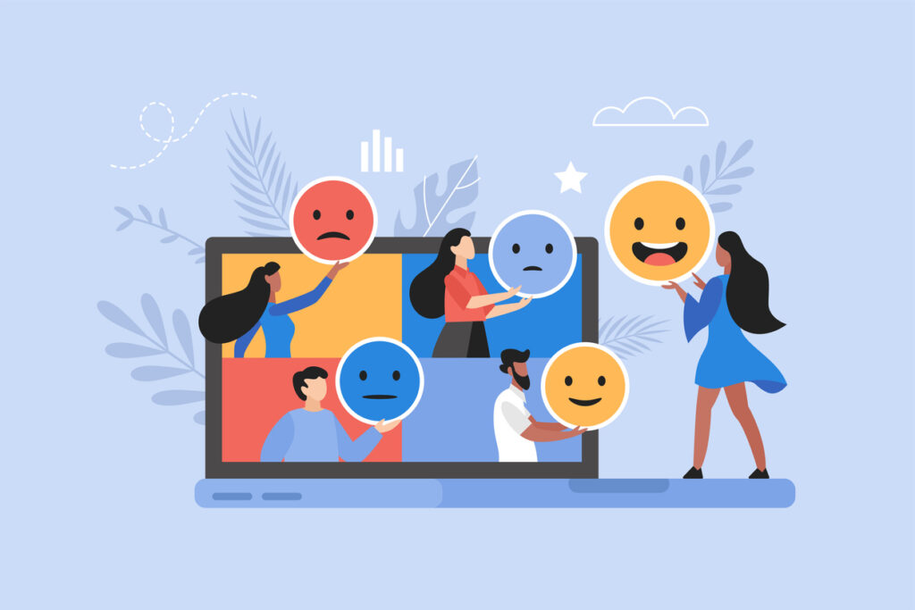 illustration of people holding emoji and smiley icons with computer laptop