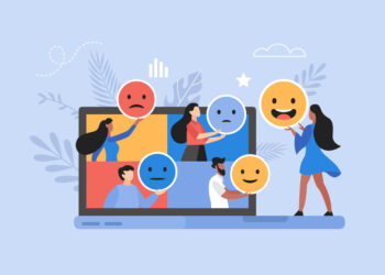 illustration of people holding emoji and smiley icons with computer laptop