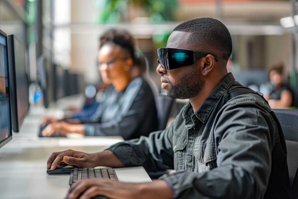 A young black blind man with a dark shirt and dark glasses sits in front of a computer with two monitors. His hands are using a track pad and a keyboard to navigate the computer. Co-workers are seated nearby and looking on, but are out of focus in the background.