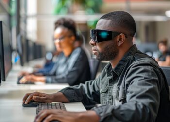 A young black blind man with a dark shirt and dark glasses sits in front of a computer with two monitors. His hands are using a track pad and a keyboard to navigate the computer. Co-workers are seated nearby and looking on, but are out of focus in the background.