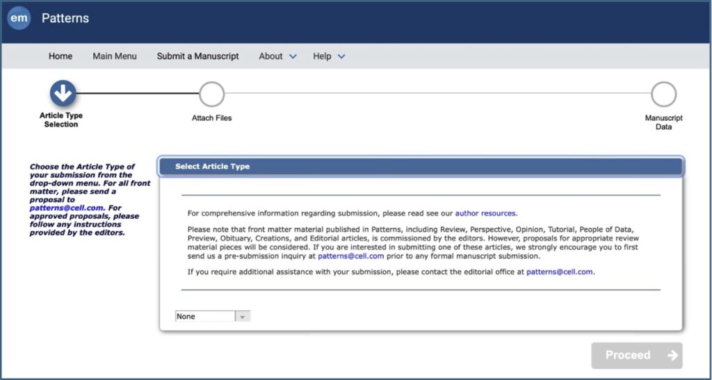 A screenshot of the web interface for the journal Patterns, which is supproted by the Editorial Manager system (an Aries Product). In this screen, a user is directed to select the Articley Type, noted with a blue arrow along a workflow process chart, where selecting the afticle type is the first step in the submission process. A smaller text block in the main portion of the image describes the process for selecting the Article Type, with text that links to author resources and a note about the types of materials that are accepted. This text block ends with a drop down list in the bottom center-left that reads “None”. A greyed-out box labled “Proceed” with an arrow. Here one must select the option from the list before the Proceed button changes color and one can advance. The drop-down box is not visisble to screen readers.