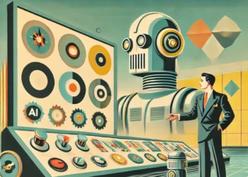 A cartoon image of a man in a 1950s suit and tie standing in front of a large console of knobs and dials with a metalic robot behind him in the background. The words "The Future of Efficiency - Smarter machines for a smarter tomorrow" are present as a headline