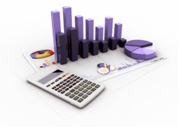 calculator and three D rendering of column and pie charts